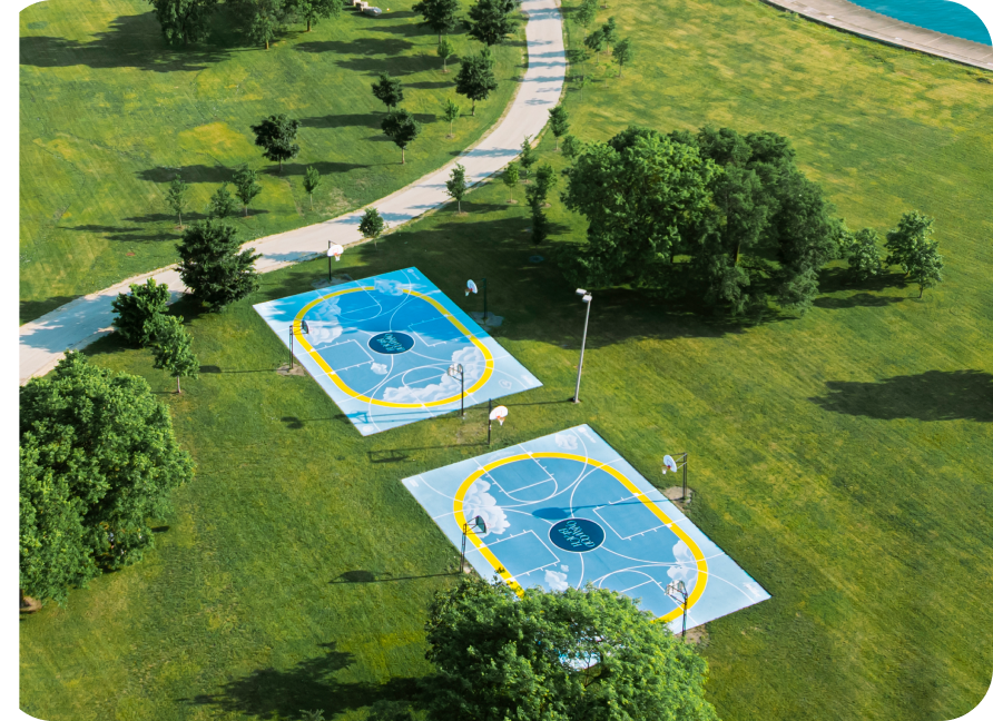 Aerial view of Angel's Court in Oakwood Beach, Chicago — built by Cash App and Angel Reese